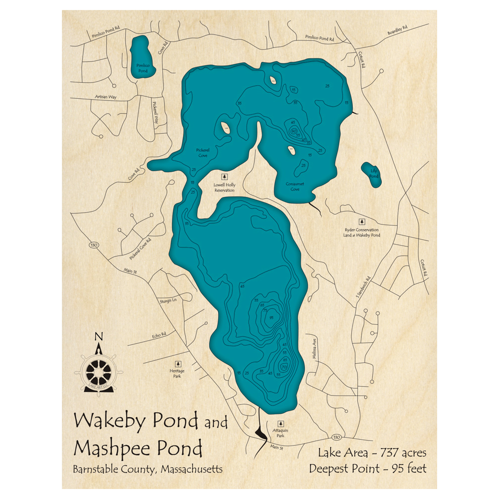 Bathymetric topo map of Wakeby Pond, MA with roads, towns and depths noted in blue water.