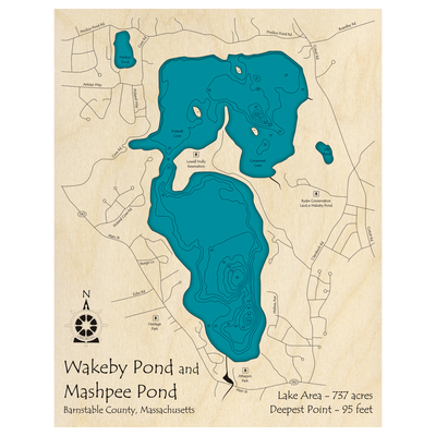 Bathymetric topo map of Wakeby Pond, MA with roads, towns and depths noted in blue water.