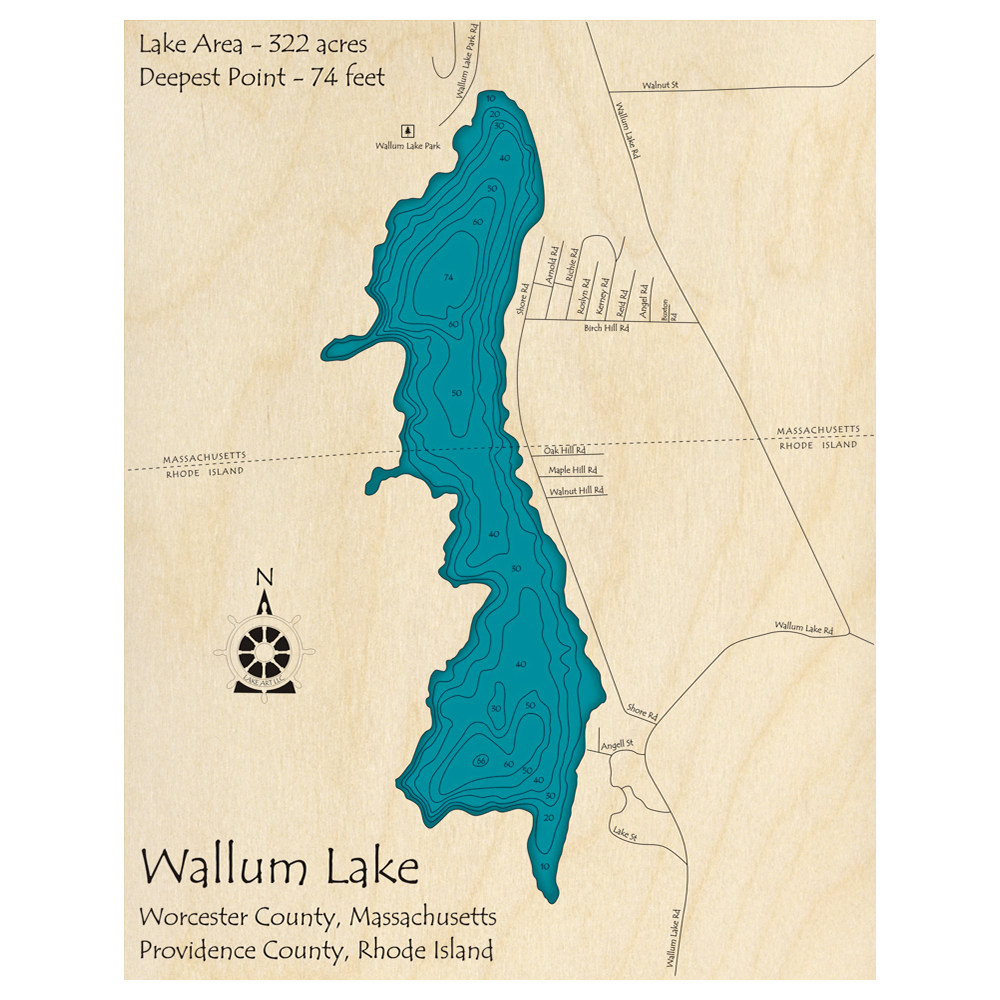 Bathymetric topo map of Wallum Lake (MA, RI) with roads, towns and depths noted in blue water.