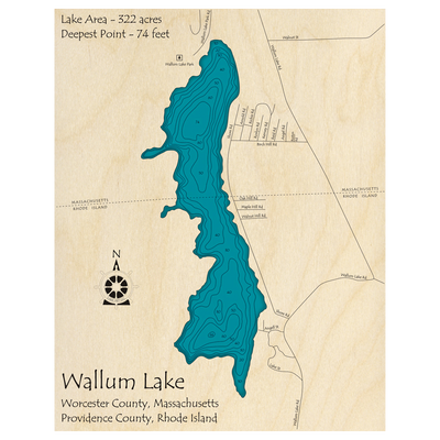 Bathymetric topo map of Wallum Lake (MA, RI) with roads, towns and depths noted in blue water.