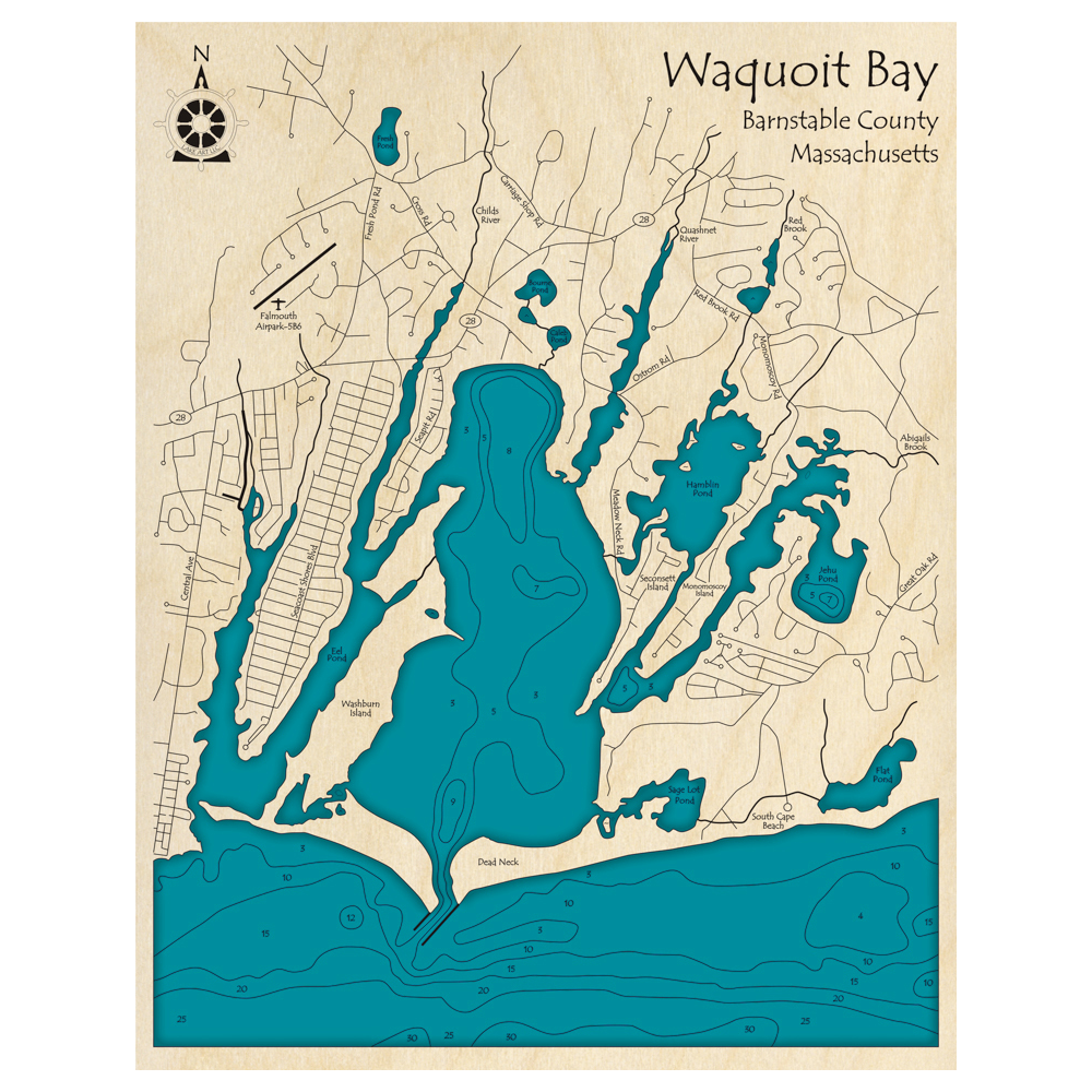 Bathymetric topo map of Waquoit Bay, MA with roads, towns and depths noted in blue water.