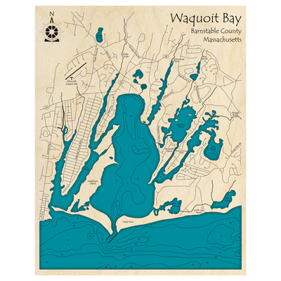 Bathymetric topo map of Waquoit Bay, MA with roads, towns and depths noted in blue water.