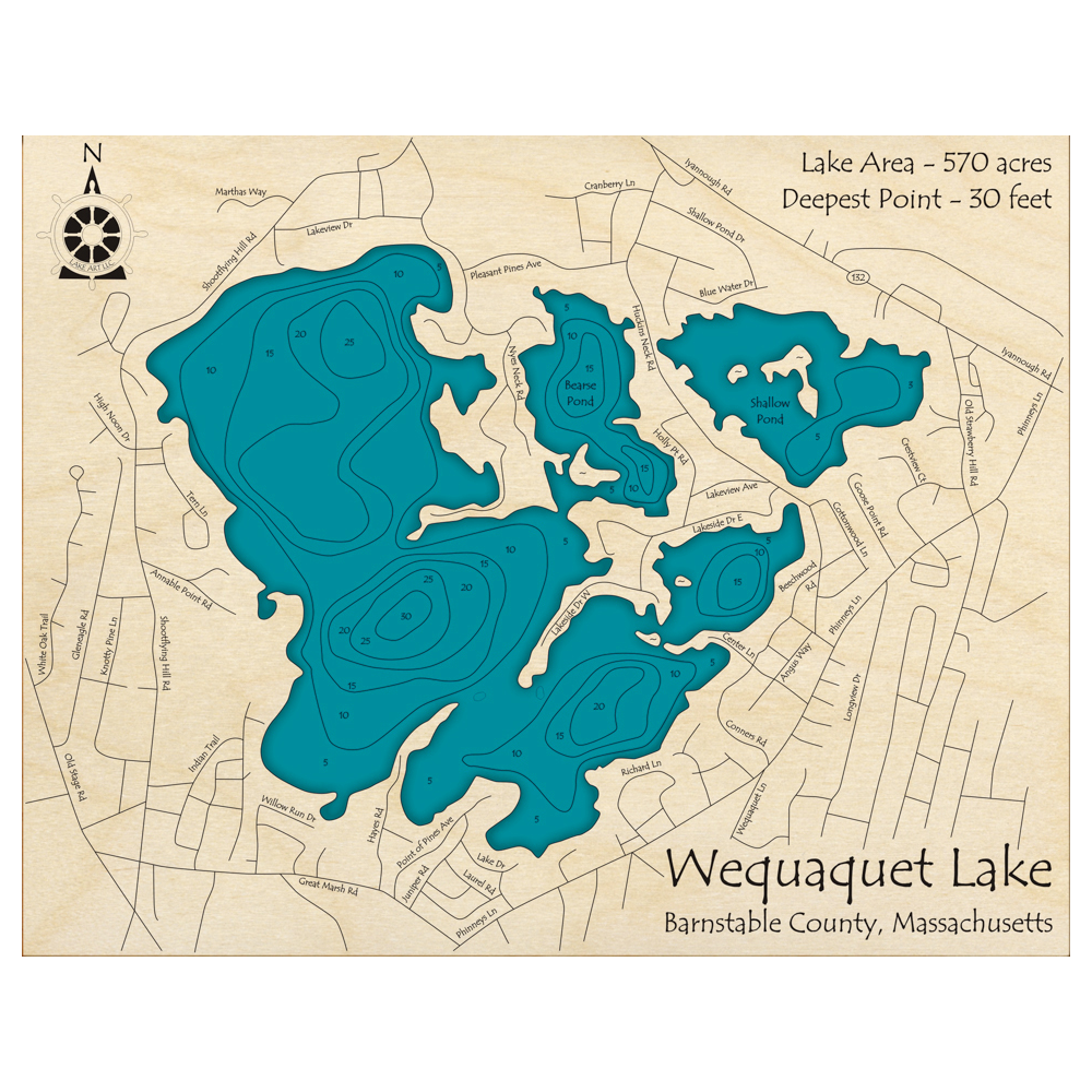 Bathymetric topo map of Wequaquet Lake, MA with roads, towns and depths noted in blue water.
