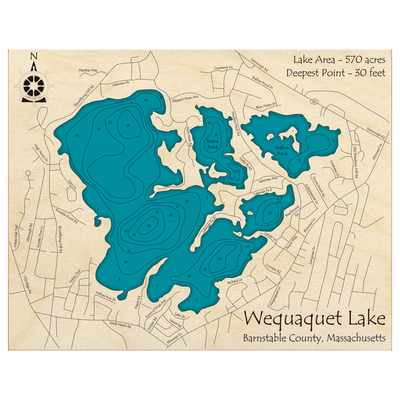 Bathymetric topo map of Wequaquet Lake, MA with roads, towns and depths noted in blue water.