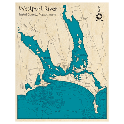 Bathymetric topo map of Westport River, MA with roads, towns and depths noted in blue water.