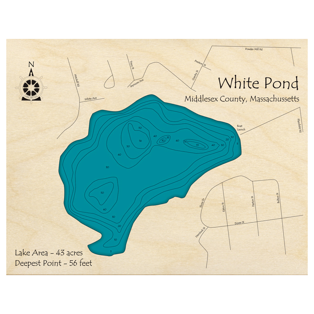 Bathymetric topo map of White Pond, MA with roads, towns and depths noted in blue water.