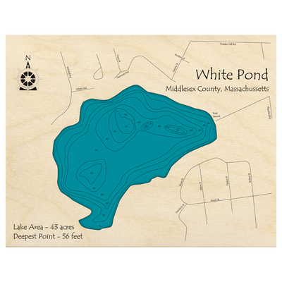 Bathymetric topo map of White Pond, MA with roads, towns and depths noted in blue water.