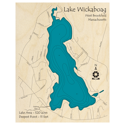 Bathymetric topo map of Wickaboag Pond, MA with roads, towns and depths noted in blue water.