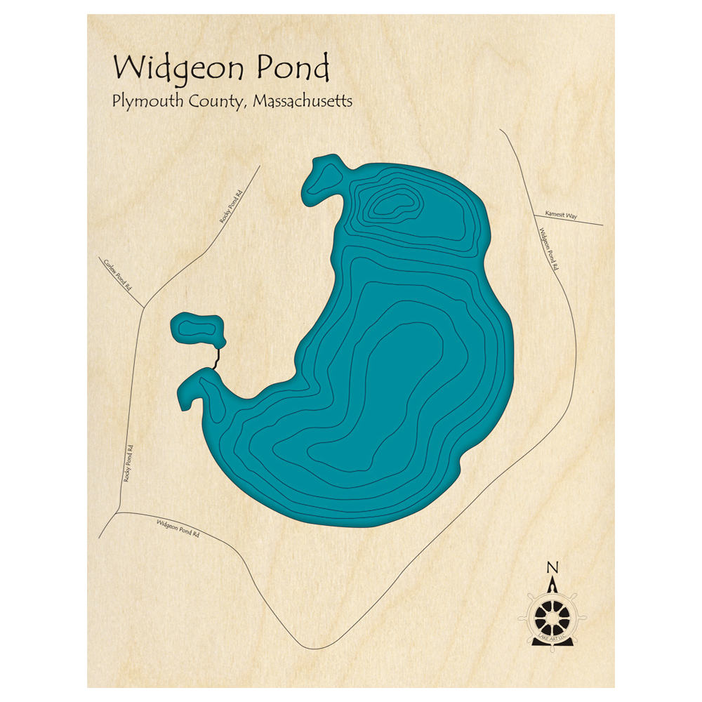 Bathymetric topo map of Widgeon Pond, MA with roads, towns and depths noted in blue water.