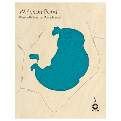 Bathymetric topo map of Widgeon Pond, MA with roads, towns and depths noted in blue water.