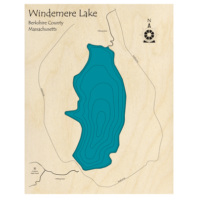 Bathymetric topo map of Windemere Lake, MA with roads, towns and depths noted in blue water.