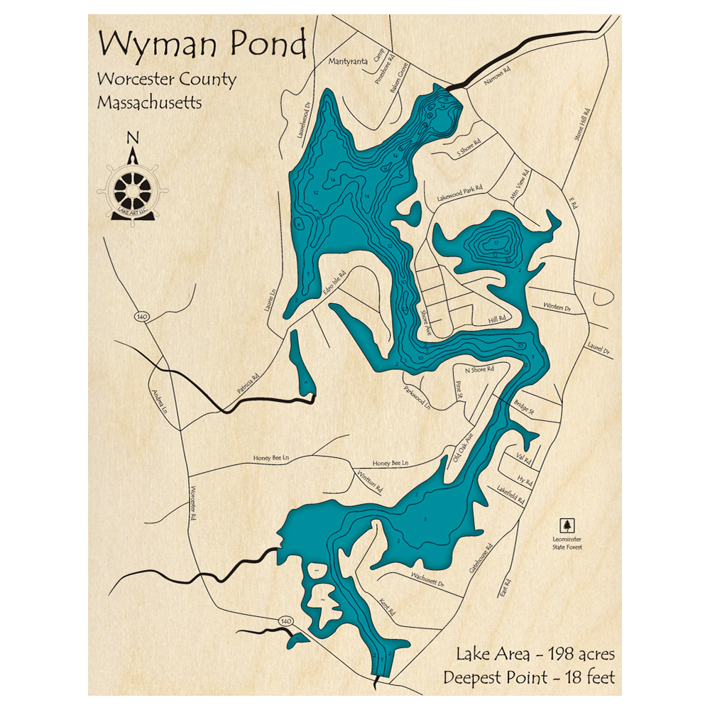 Bathymetric topo map of Wyman Pond, MA with roads, towns and depths noted in blue water.
