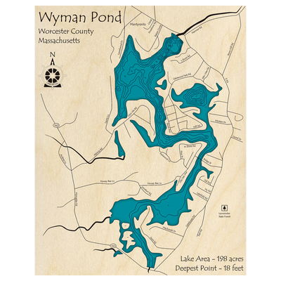 Bathymetric topo map of Wyman Pond, MA with roads, towns and depths noted in blue water.