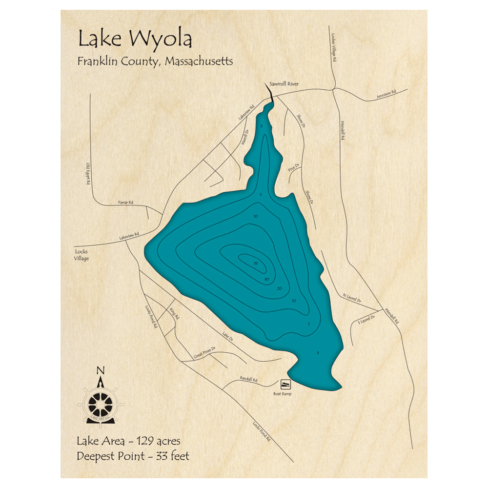 Bathymetric topo map of Lake Wyola, MA with roads, towns and depths noted in blue water.
