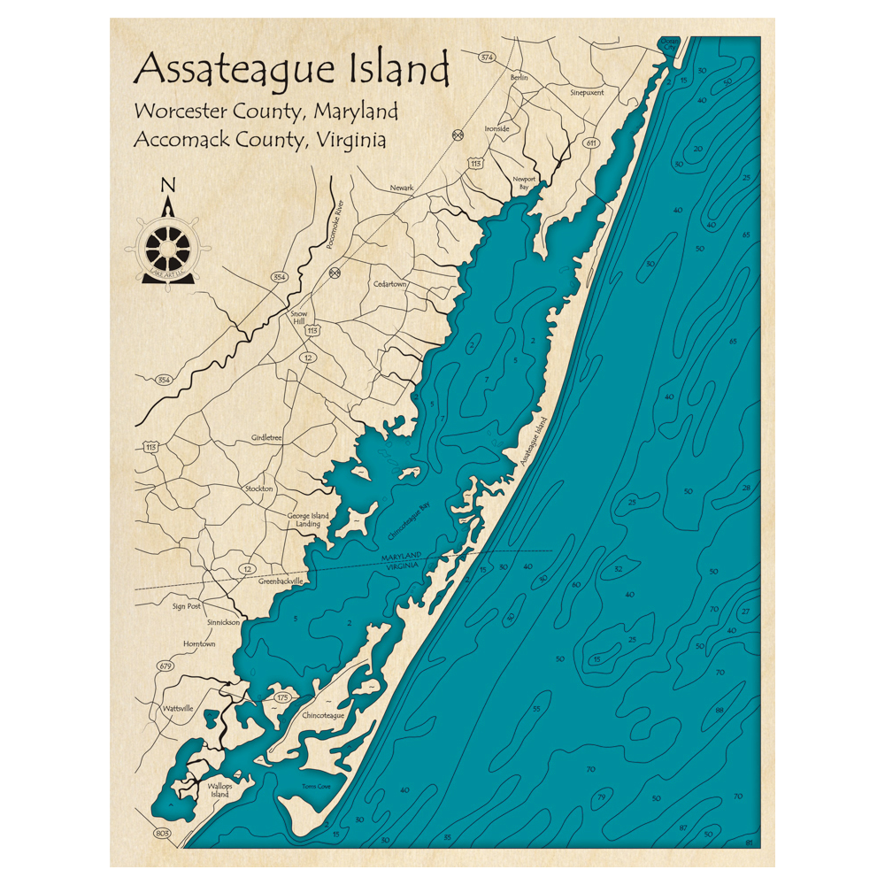 Bathymetric topo map of Assateague Island (MD, VA) with roads, towns and depths noted in blue water.