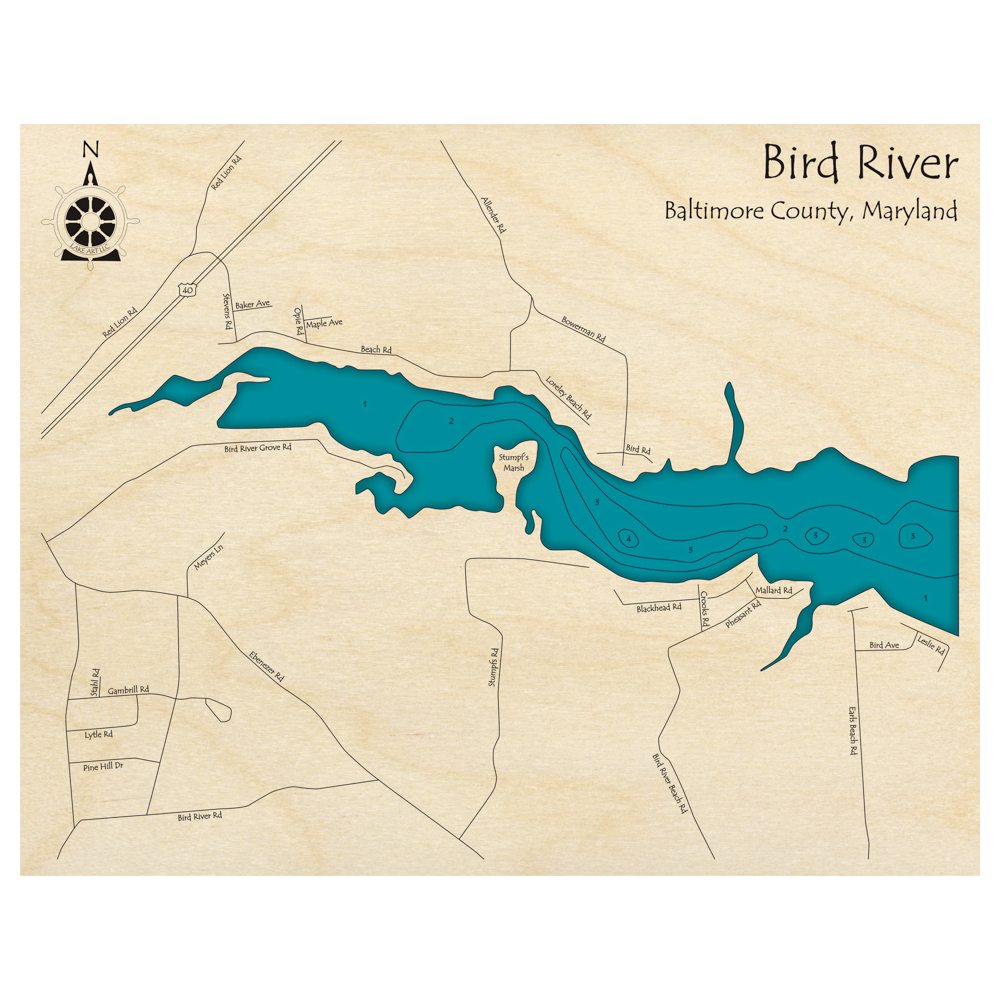Bathymetric topo map of A Section of Bird River near Highway 40, MD with roads, towns and depths noted in blue water.