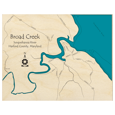 Bathymetric topo map of Broad Creek Area, MD with roads, towns and depths noted in blue water.