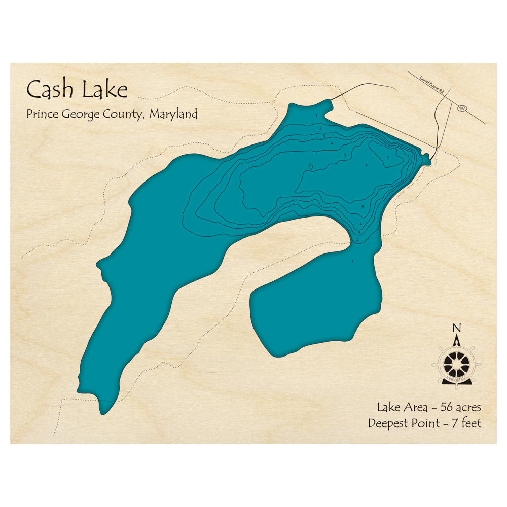 Bathymetric topo map of Cash Lake, MD with roads, towns and depths noted in blue water.