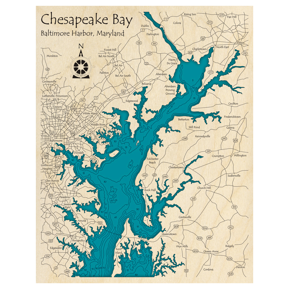 Bathymetric topo map of Chesapeake Bay, MD with roads, towns and depths noted in blue water.