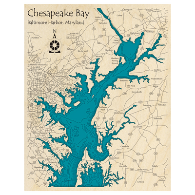 Bathymetric topo map of Chesapeake Bay, MD with roads, towns and depths noted in blue water.