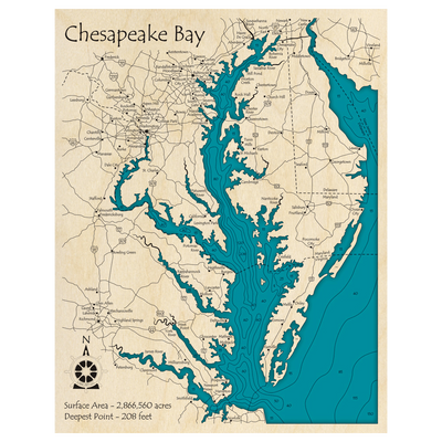 Bathymetric topo map of Chesapeake Bay, MD with roads, towns and depths noted in blue water.