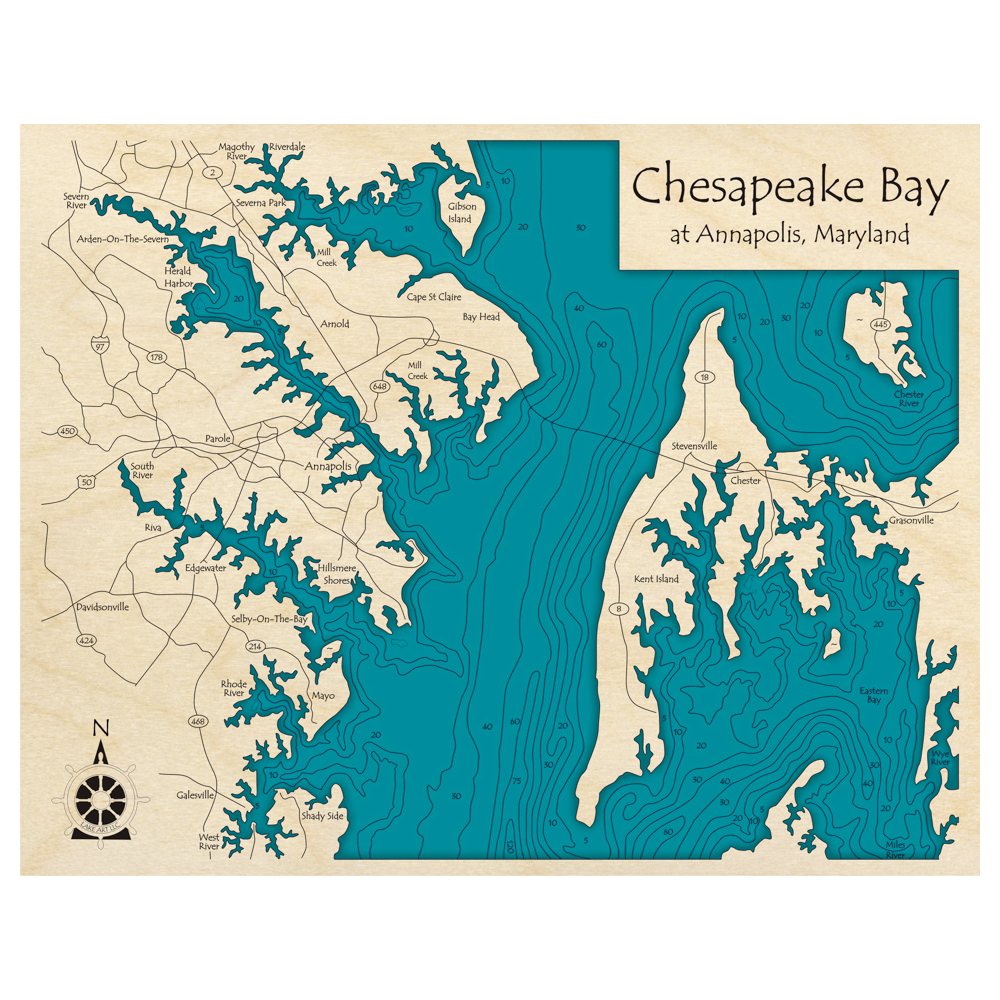 Bathymetric topo map of Chesapeake Bay, MD with roads, towns and depths noted in blue water.