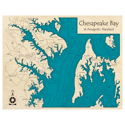 Bathymetric topo map of Chesapeake Bay, MD with roads, towns and depths noted in blue water.