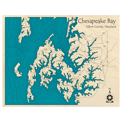 Bathymetric topo map of Chesapeake Bay, MD with roads, towns and depths noted in blue water.
