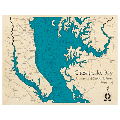 Bathymetric topo map of Chesapeake Bay, MD with roads, towns and depths noted in blue water.