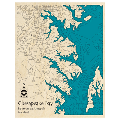 Bathymetric topo map of Chesapeake Bay, MD with roads, towns and depths noted in blue water.