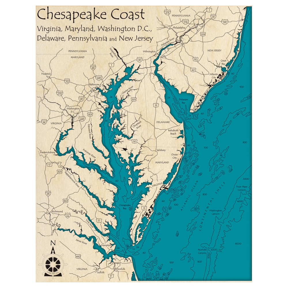 Bathymetric topo map of Chesapeake Bay, MD with roads, towns and depths noted in blue water.