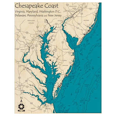 Bathymetric topo map of Chesapeake Bay, MD with roads, towns and depths noted in blue water.