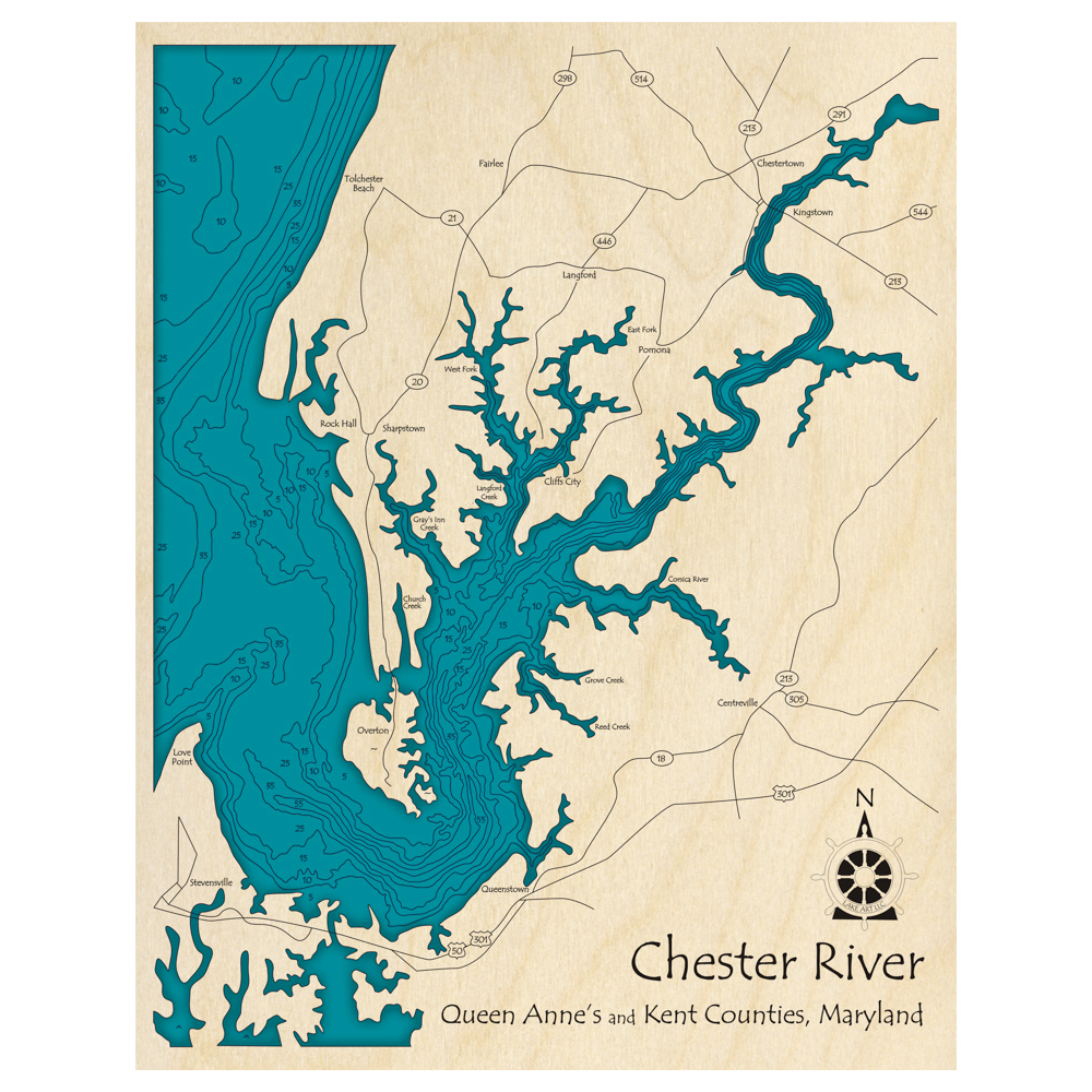 Chester River, Maryland 3D Custom Wood Map Lake Art LLC