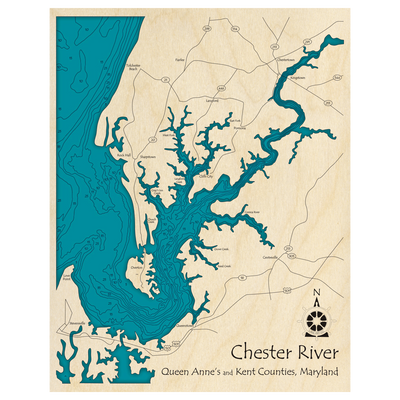 Bathymetric topo map of Chester River, MD with roads, towns and depths noted in blue water.