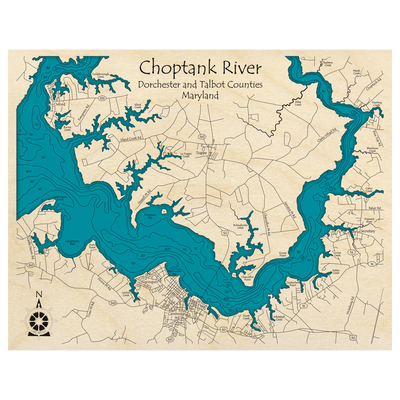 Bathymetric topo map of Choptank River, MD with roads, towns and depths noted in blue water.