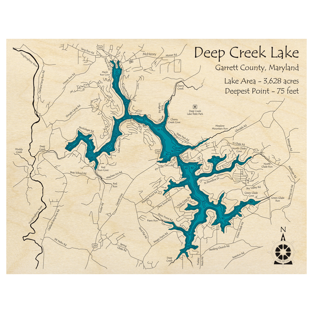 Bathymetric topo map of Deep Creek Lake, MD with roads, towns and depths noted in blue water.
