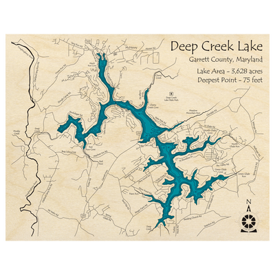 Bathymetric topo map of Deep Creek Lake, MD with roads, towns and depths noted in blue water.