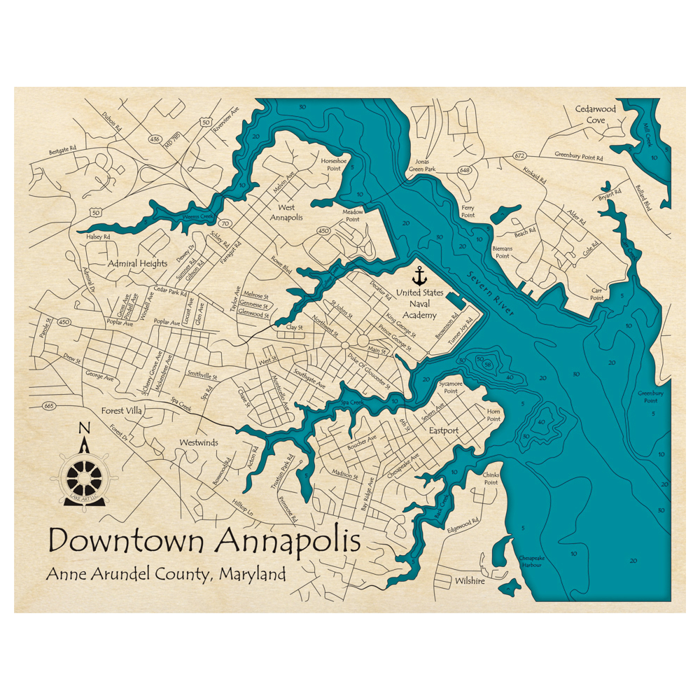 Bathymetric topo map of Downtown Annapolis, MD with roads, towns and depths noted in blue water.