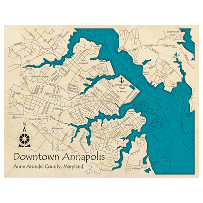 Bathymetric topo map of Downtown Annapolis, MD with roads, towns and depths noted in blue water.
