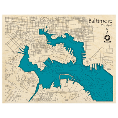 Bathymetric topo map of Downtown Baltimore, MD with roads, towns and depths noted in blue water.