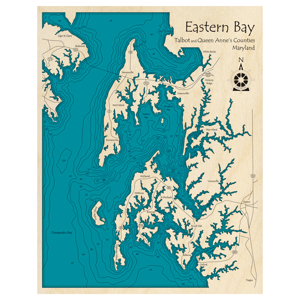 Bathymetric topo map of Eastern Bay, MD with roads, towns and depths noted in blue water.