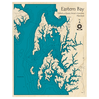 Bathymetric topo map of Eastern Bay, MD with roads, towns and depths noted in blue water.