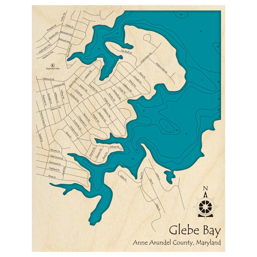 Bathymetric topo map of Glebe Bay, MD with roads, towns and depths noted in blue water.