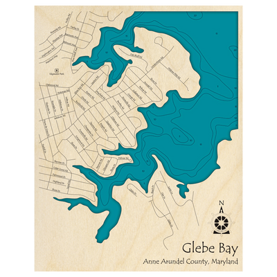 Bathymetric topo map of Glebe Bay, MD with roads, towns and depths noted in blue water.