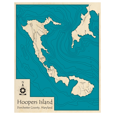 Bathymetric topo map of Hoopers Island, MD with roads, towns and depths noted in blue water.