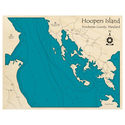 Bathymetric topo map of Hoopers Island, MD with roads, towns and depths noted in blue water.