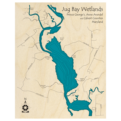 Bathymetric topo map of Jug Bay Wetlands, MD with roads, towns and depths noted in blue water.