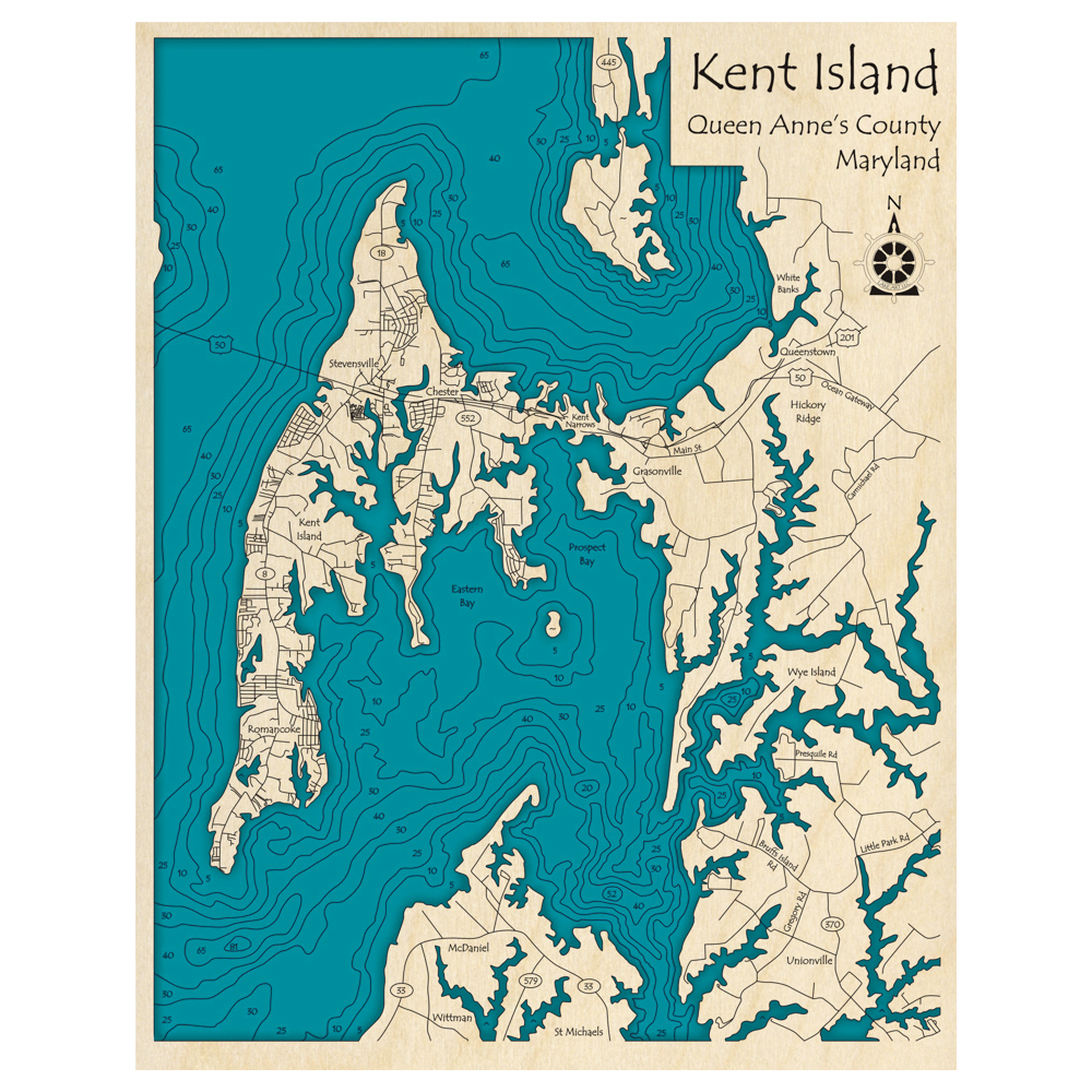 Bathymetric topo map of Kent Island, MD with roads, towns and depths noted in blue water.