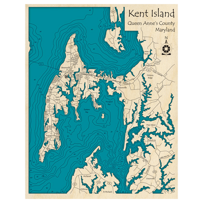 Bathymetric topo map of Kent Island, MD with roads, towns and depths noted in blue water.