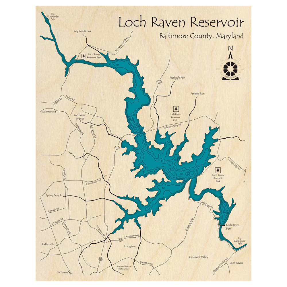 Bathymetric topo map of Loch Raven Reservoir, MD with roads, towns and depths noted in blue water.